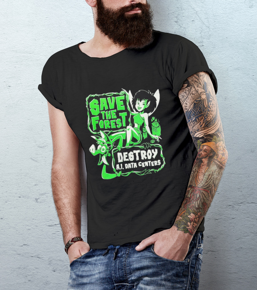Save The Forest Destroy A.I. Data Centers Cartoon Fairy And Boar T-Shirt