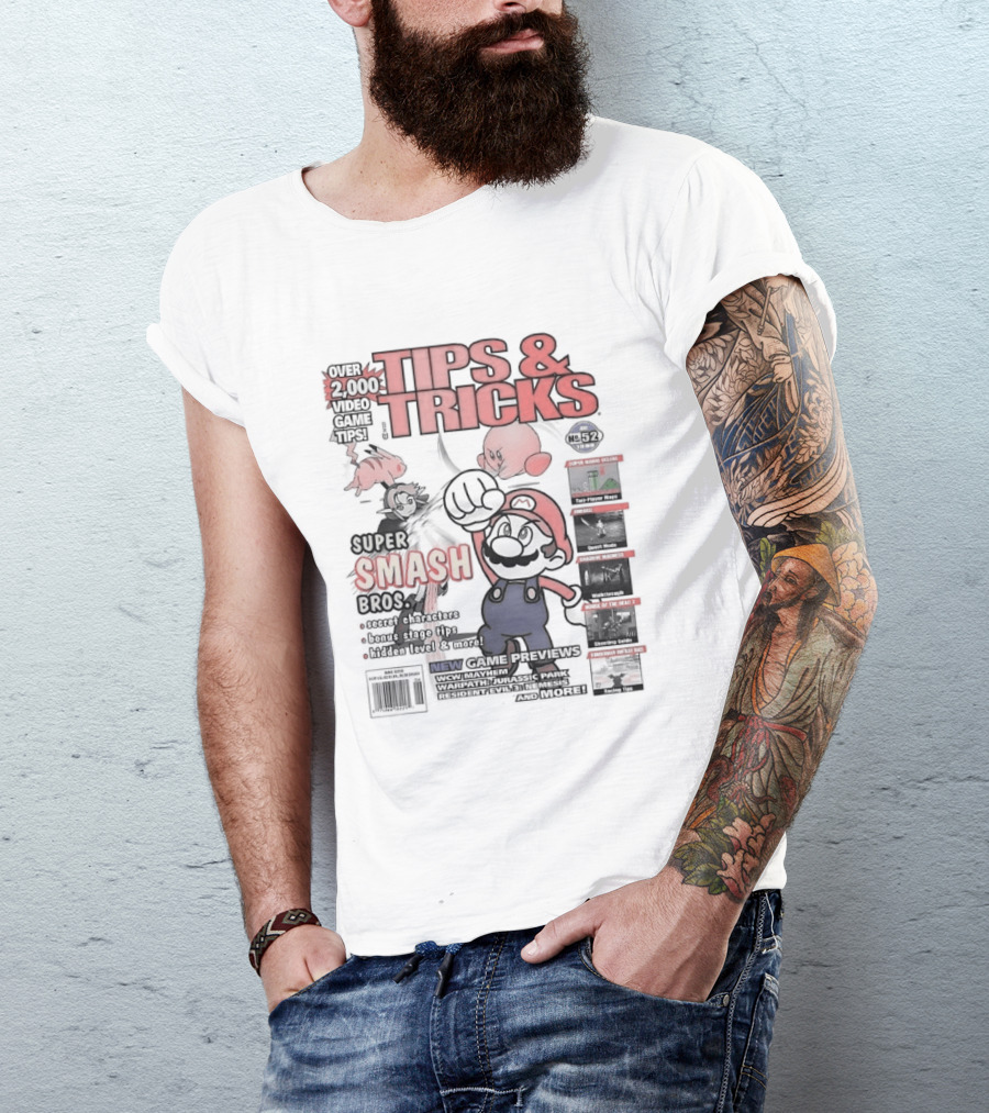 Super Smash Bros Over 2000 Video Game Tips And Tricks Retro Cover Mario Kirby Characters T-Shirt