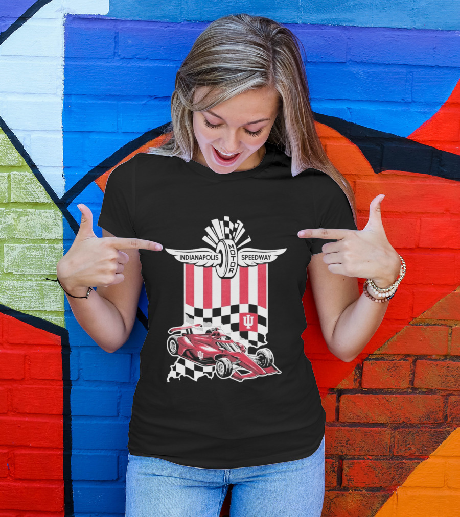 Indiana Hoosiers Red Race Car Indianapolis Motor Speedway Checker Flag T-Shirt