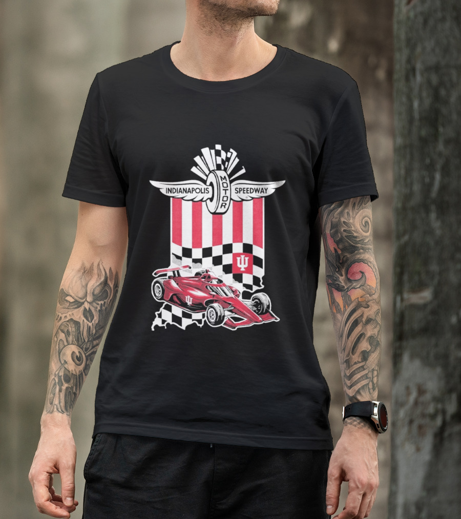 Indiana Hoosiers Red Race Car Indianapolis Motor Speedway Checker Flag T-Shirt