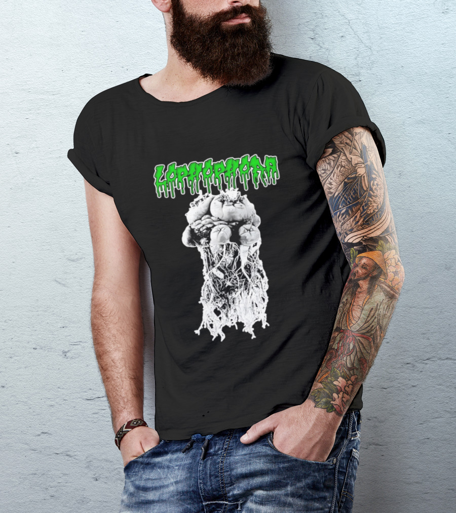 Lophophora Cactus Dripping Text With Detailed Root T-Shirt