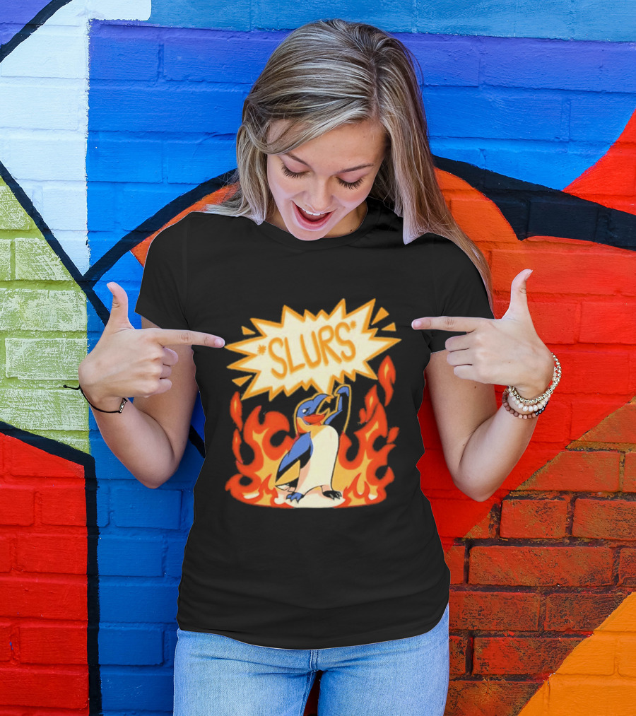 Penguin Slurs Cartoon Flaming Penguin In Fiery Speech Bubble T-Shirt