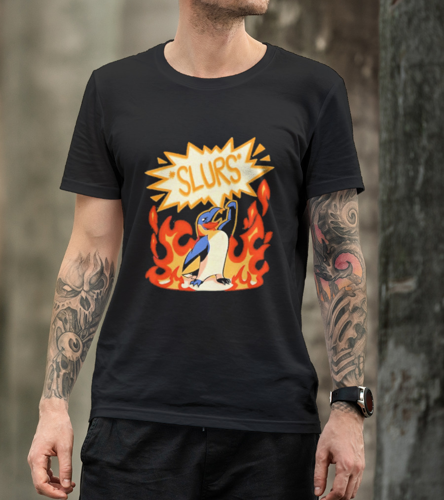 Penguin Slurs Cartoon Flaming Penguin In Fiery Speech Bubble T-Shirt