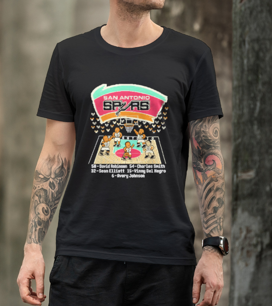 San Antonio Spurs David Robinson Charles Smith Sean Elliott Vinny Del Negro Avery Johnson Basketball Team T-Shirt