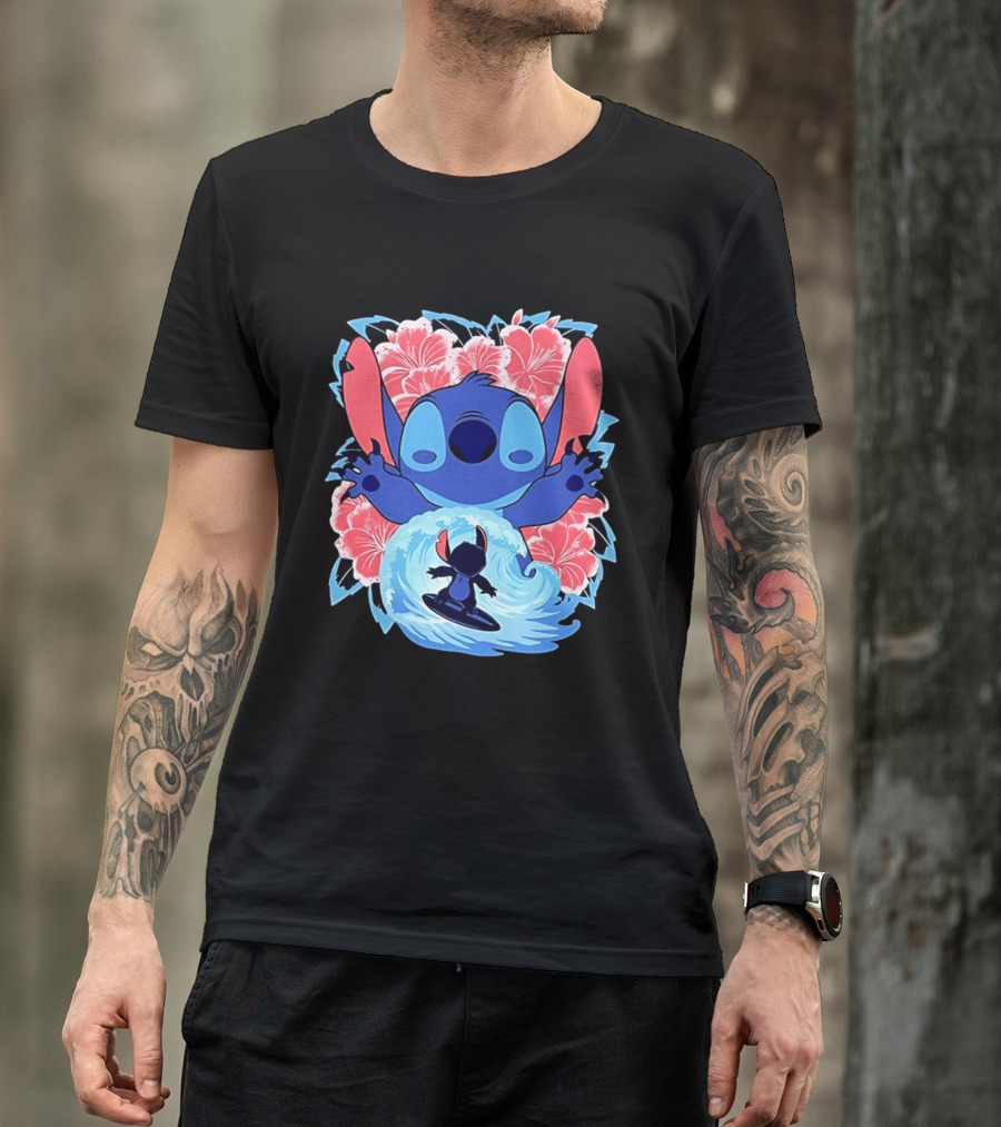 Lilo And Stitch Surfing Tropical Hibiscus Flowers T-Shirt