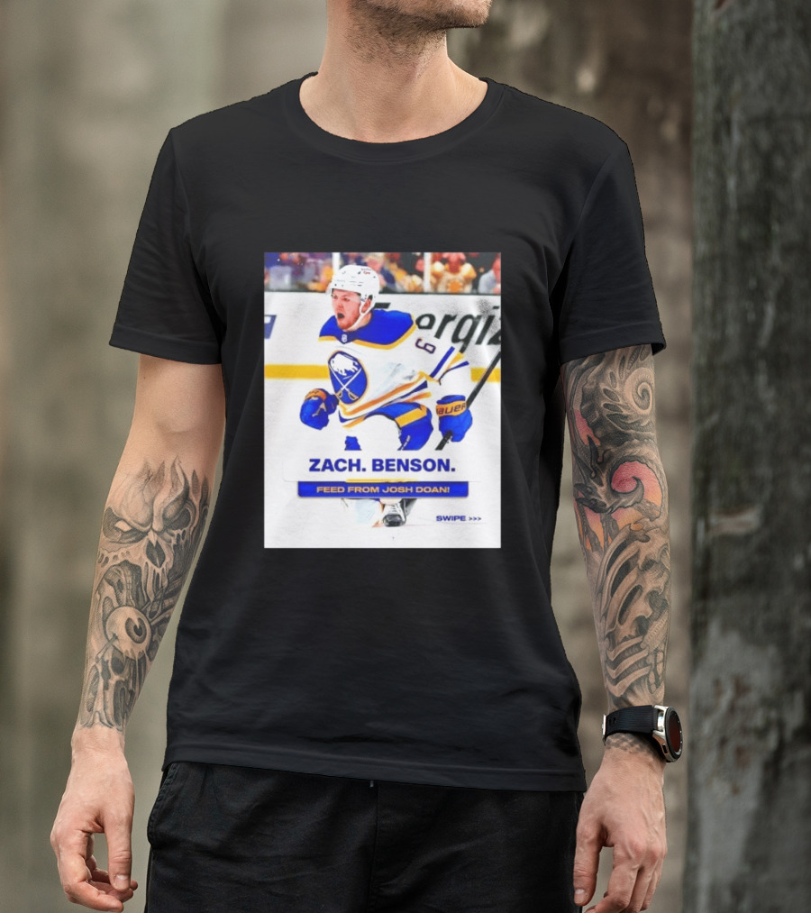 Zach Benson Buffalo Sabres Feed From Josh Doan Swipe T-Shirt