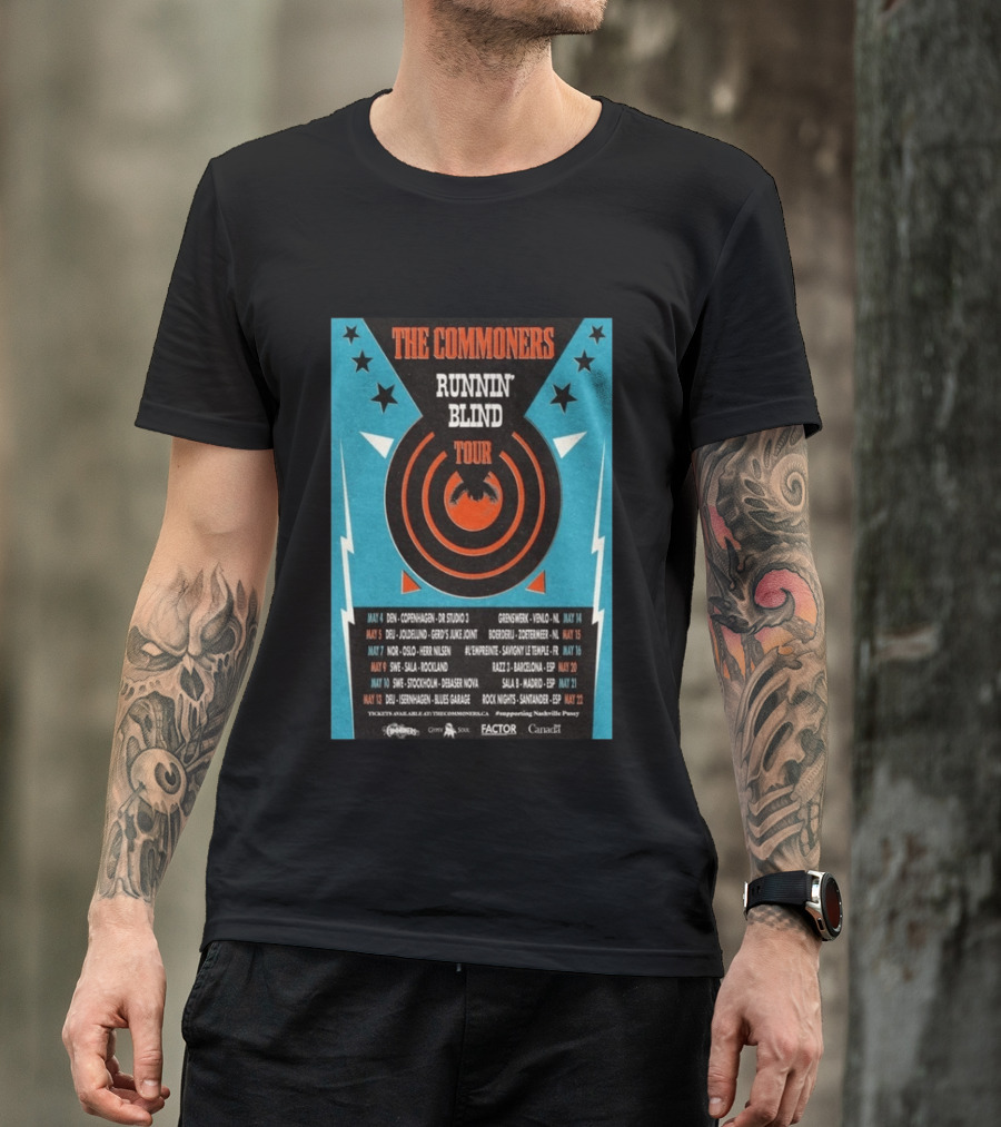 The Commoners Runnin Blind Tour 2026 Europe Dates Copenhagen Oslo Barcelona Madrid T-Shirt
