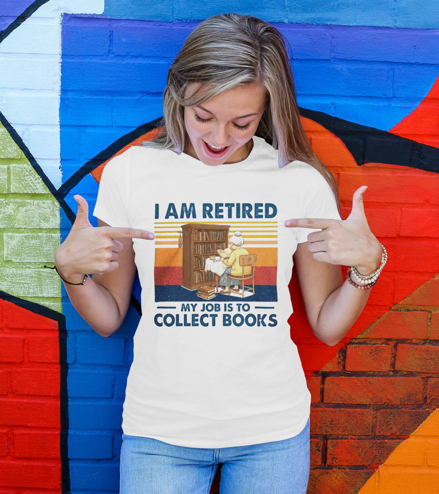 I Am Retired My Job Is To Collect Books Reading Bookshelves Retro Stripes T-Shirt