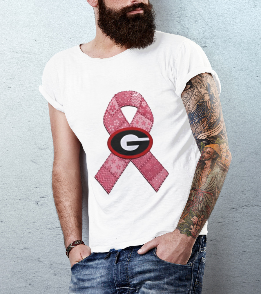 Georgia Bulldogs Patchwork Pink Ribbon Breast Cancer Awareness T-Shirt