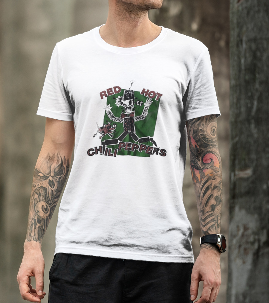 Red Hot Chili Peppers Puppet Skeleton Art With Bowtie And Top Hat T-Shirt
