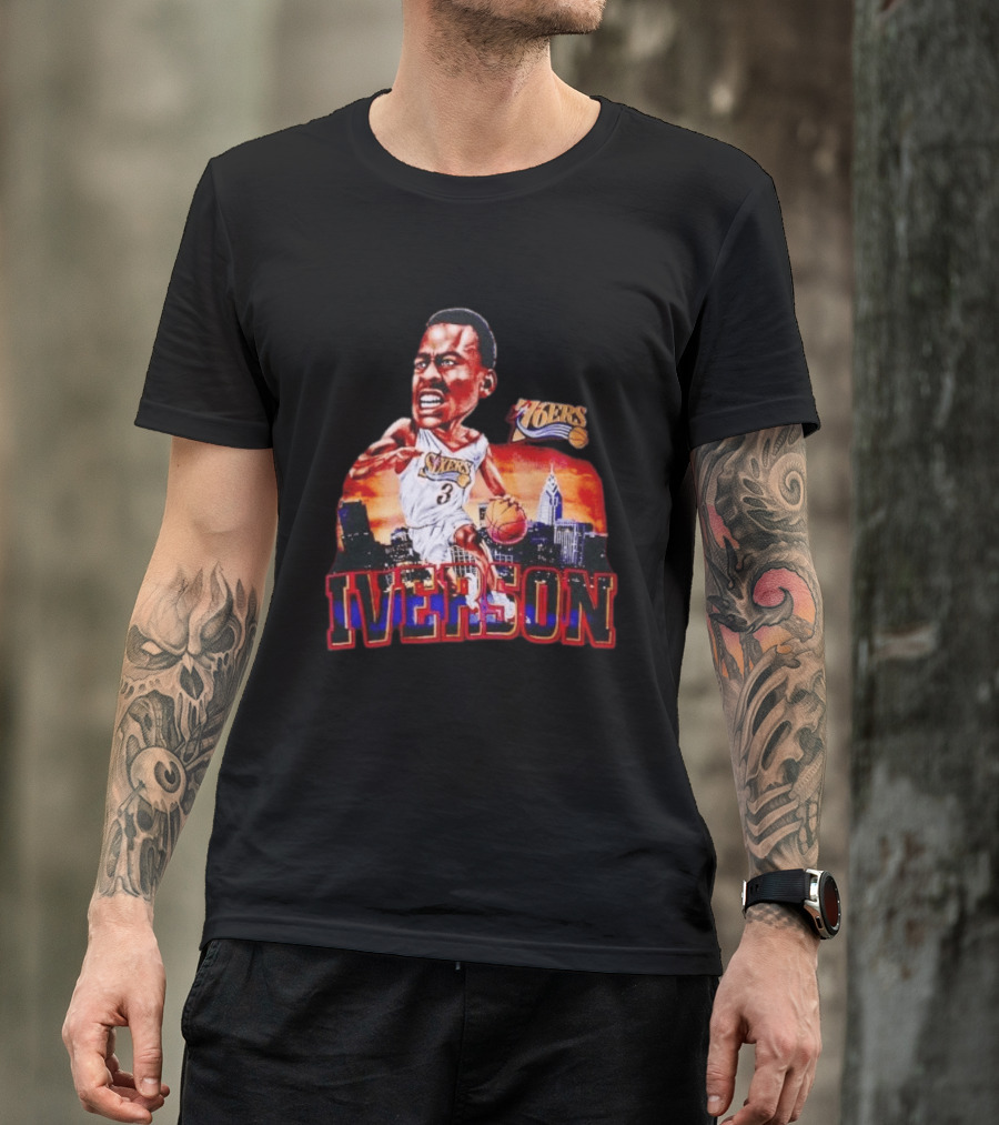 Allen Iverson 76ers Caricature With Philadelphia Skyline T-Shirt