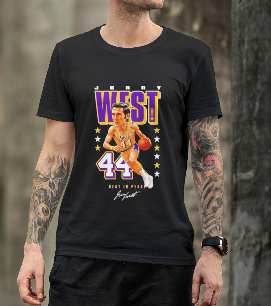 Jerry West Lakers 44 Rest In Peace Caricature Basketball Legend T-Shirt