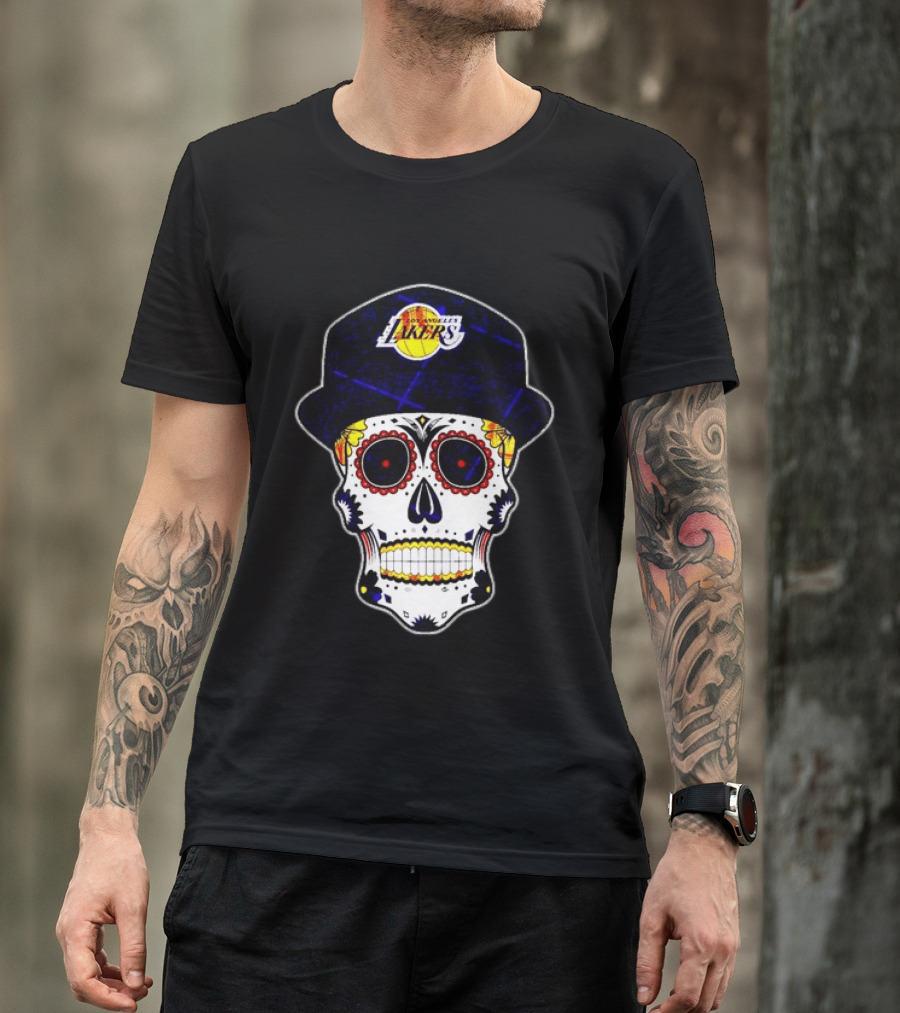 Los Angeles Lakers Sugar Skull Día De Muertos Hat Butterfly T-Shirt