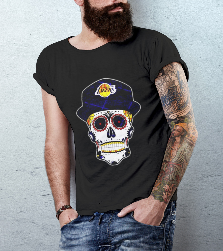 Los Angeles Lakers Sugar Skull Día De Muertos Hat Butterfly T-Shirt