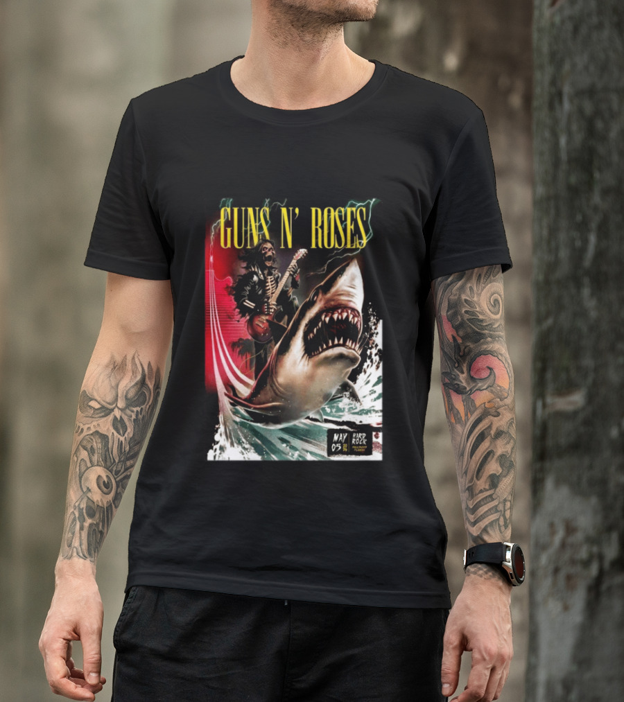 Guns N' Roses May 05 2026 Hard Rock Live Hollywood Concert Skeleton Guitarist Shark Wave T-Shirt