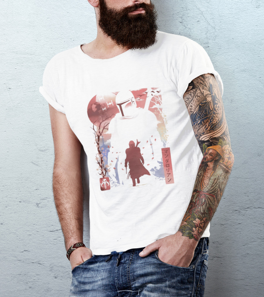 Lone Gunfighter Mandalorian Creed Japanese Text Star Wars Art Red Blue Yellow T-Shirt