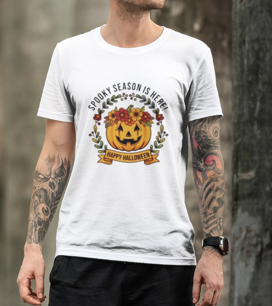 Spooky Season Is Here Happy Halloween Pumpkin With Flowers T-Shirt