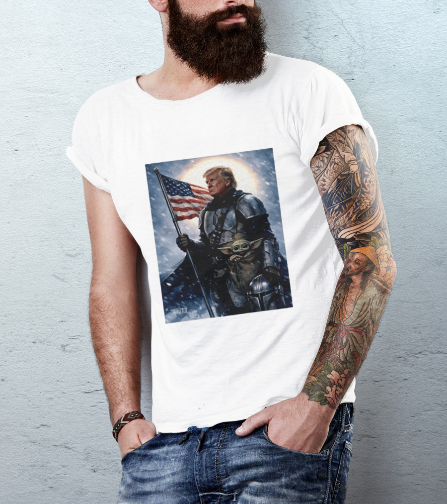 Donald Trump As The Mandalorian Holding American Flag With Grogu Star Wars T-Shirt