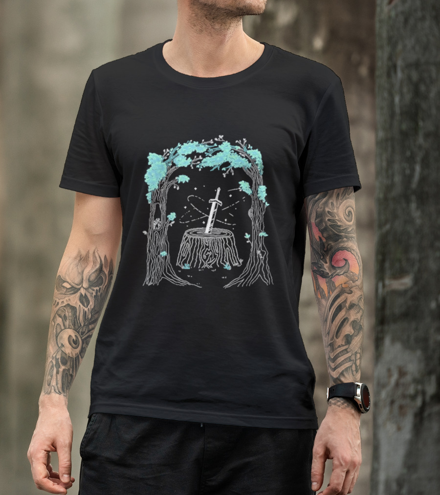 Mythical Golden Sword In Stone Amid Enchanted Forest Mythicality 2026 T-Shirt