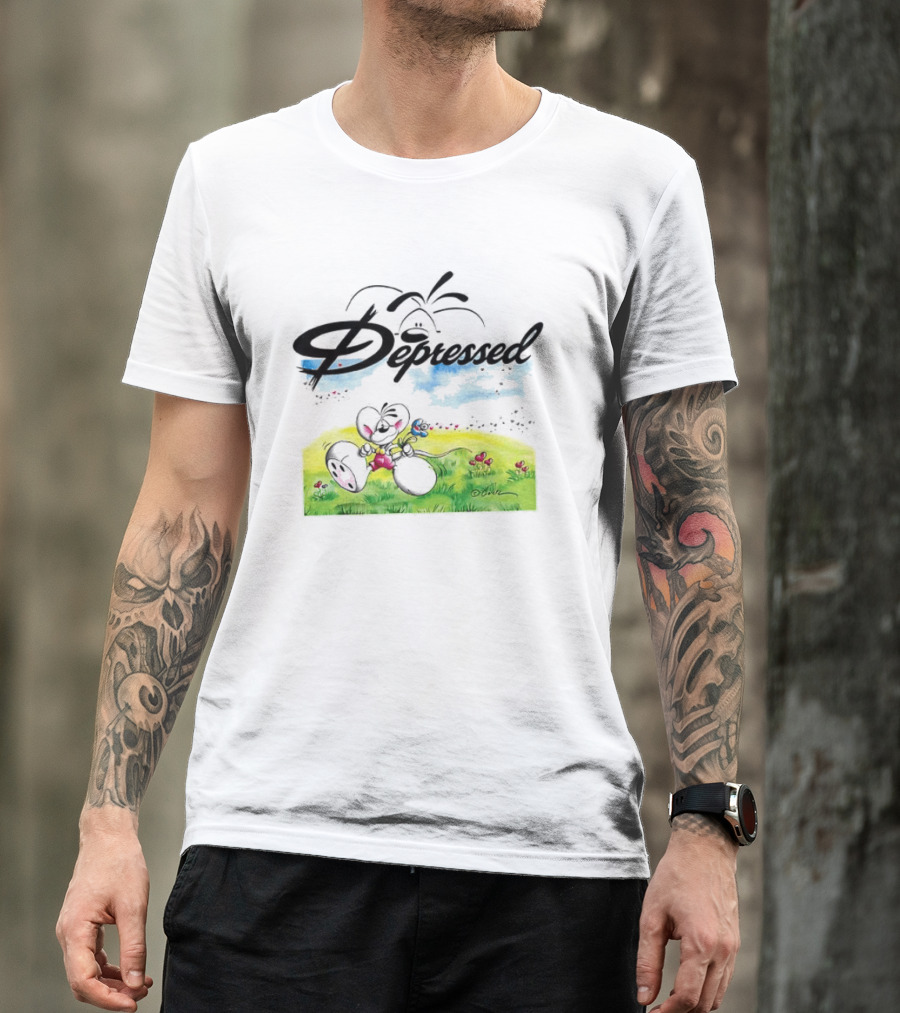 Depressed Diddl White Gerbil Cartoon In Spring Meadow T-Shirt