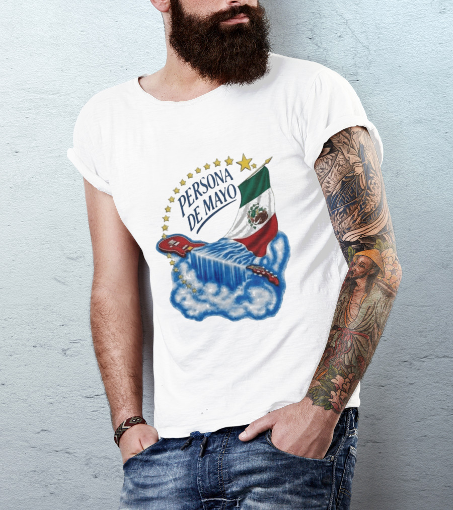 Persona De Mayo Mexican Flag Guitar Waterfall Stars T-Shirt