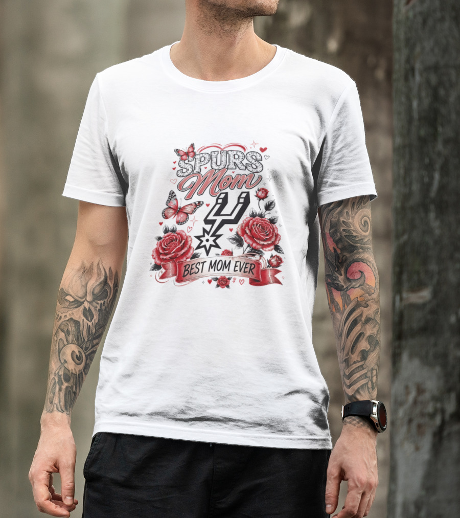San Antonio Spurs Mom Best Mom Ever Mother's Day Flowers And Butterfly T-Shirt