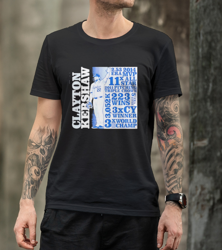 Clayton Kershaw Los Angeles Dodgers 3x World Champ 11x All Star 3x CY Winner 223 Wins T-Shirt