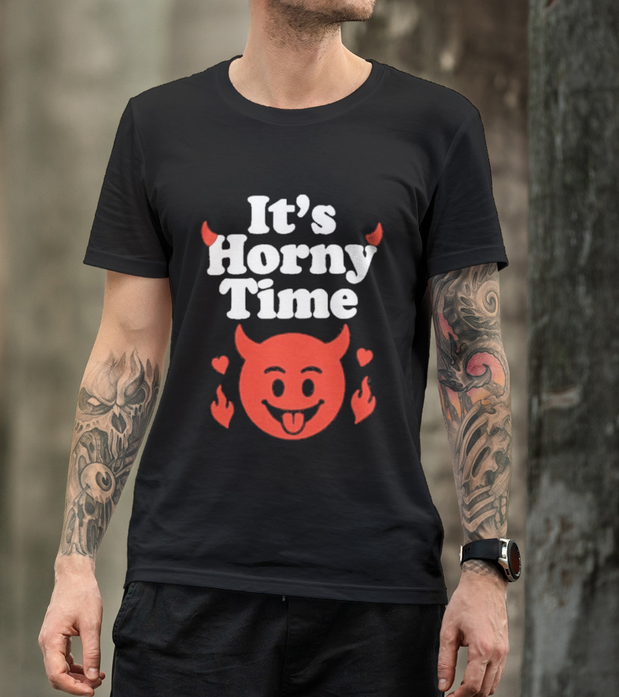It's Horny Time Devil Red Face With Flames And Hearts T-Shirt