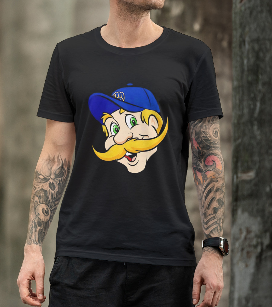 Milwaukee Brewers Big Face Mascot With Blue Cap And Mustache T-Shirt