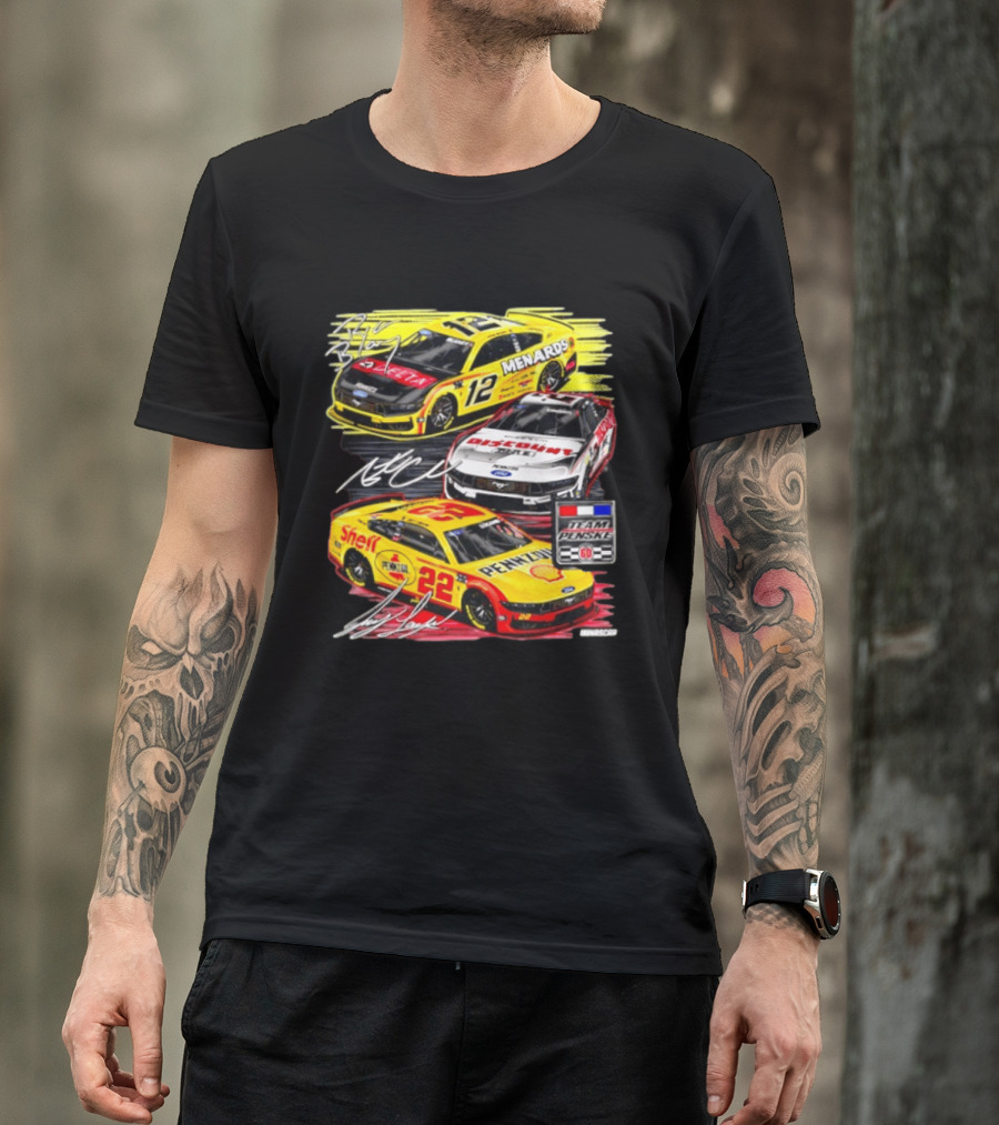 Team Penske 60th Anniversary NASCAR Racing Cars With Menards Shell Pennzoil Discount Tire Sponsors And Driver Signatures T-Shirt