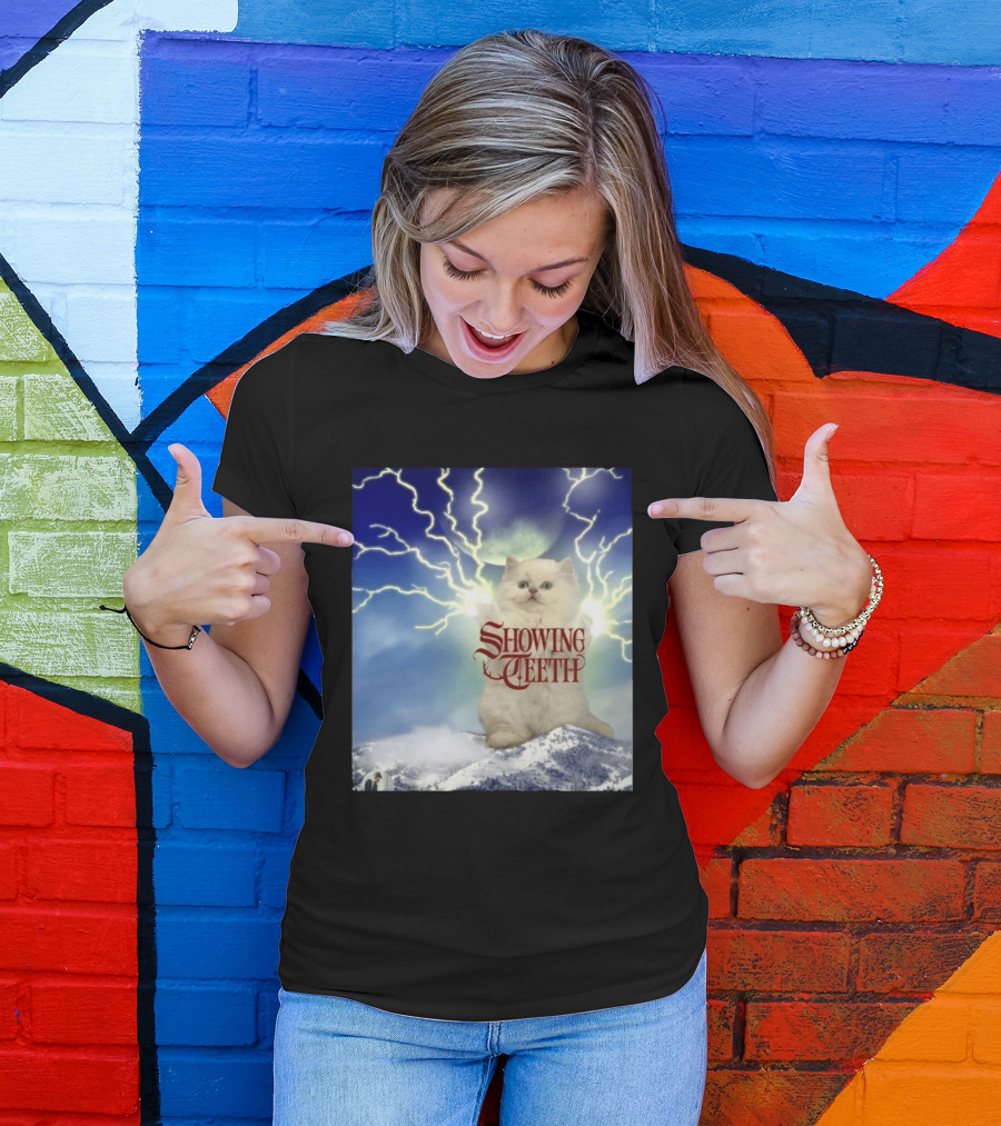 Showing Teeth Cat With Lightning Background In Blue Sky T-Shirt