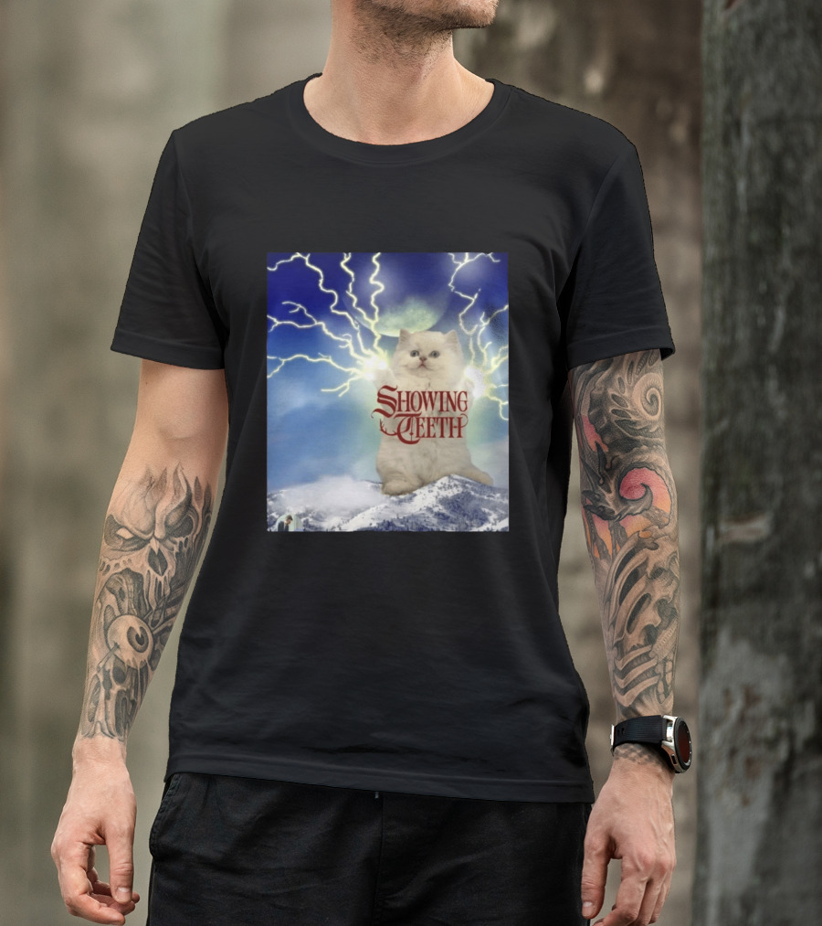 Showing Teeth Cat With Lightning Background In Blue Sky T-Shirt