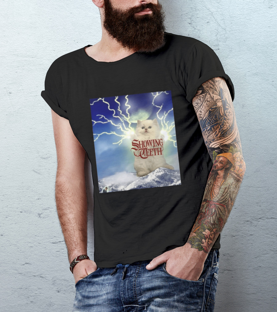 Showing Teeth Cat With Lightning Background In Blue Sky T-Shirt
