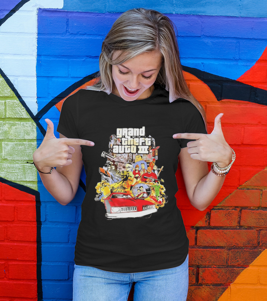 Grand Theft Auto III Characters Action Collage With Iconic Red Car T-Shirt