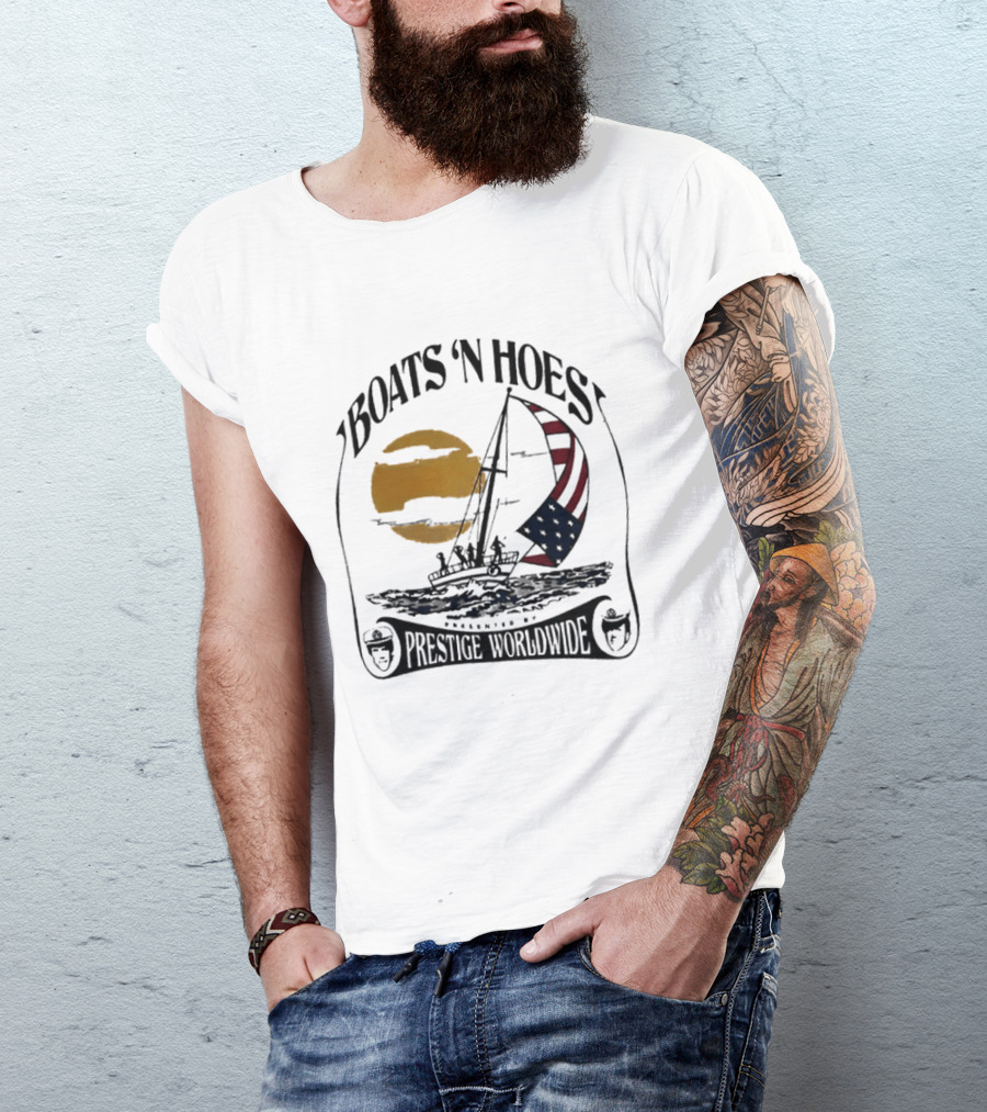 Boats N Hoes Prestige Worldwide USA Flag Sailing Sun Ocean T-Shirt
