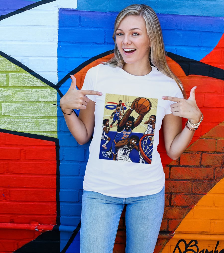 New York Knicks Mitchell Robinson Dunking On Philadelphia Joel Embiid Caricature 2026 Basketball Action T-Shirt