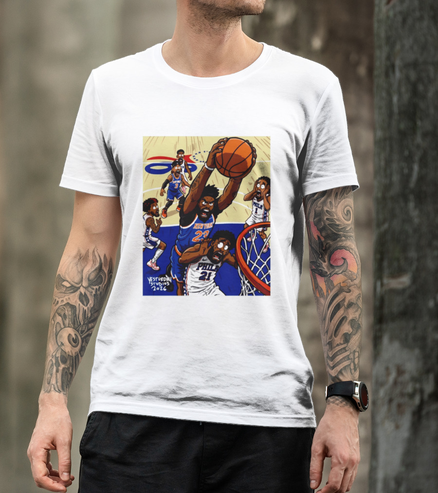 New York Knicks Mitchell Robinson Dunking On Philadelphia Joel Embiid Caricature 2026 Basketball Action T-Shirt