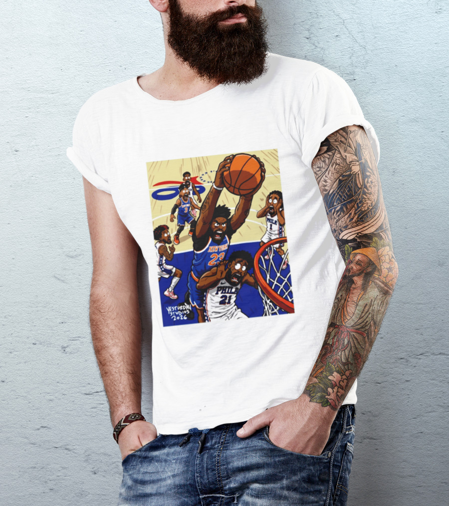 New York Knicks Mitchell Robinson Dunking On Philadelphia Joel Embiid Caricature 2026 Basketball Action T-Shirt