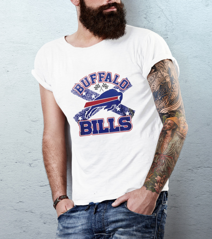 Buffalo Bills Caricature With Flag And Crossed Checkered Flags T-Shirt
