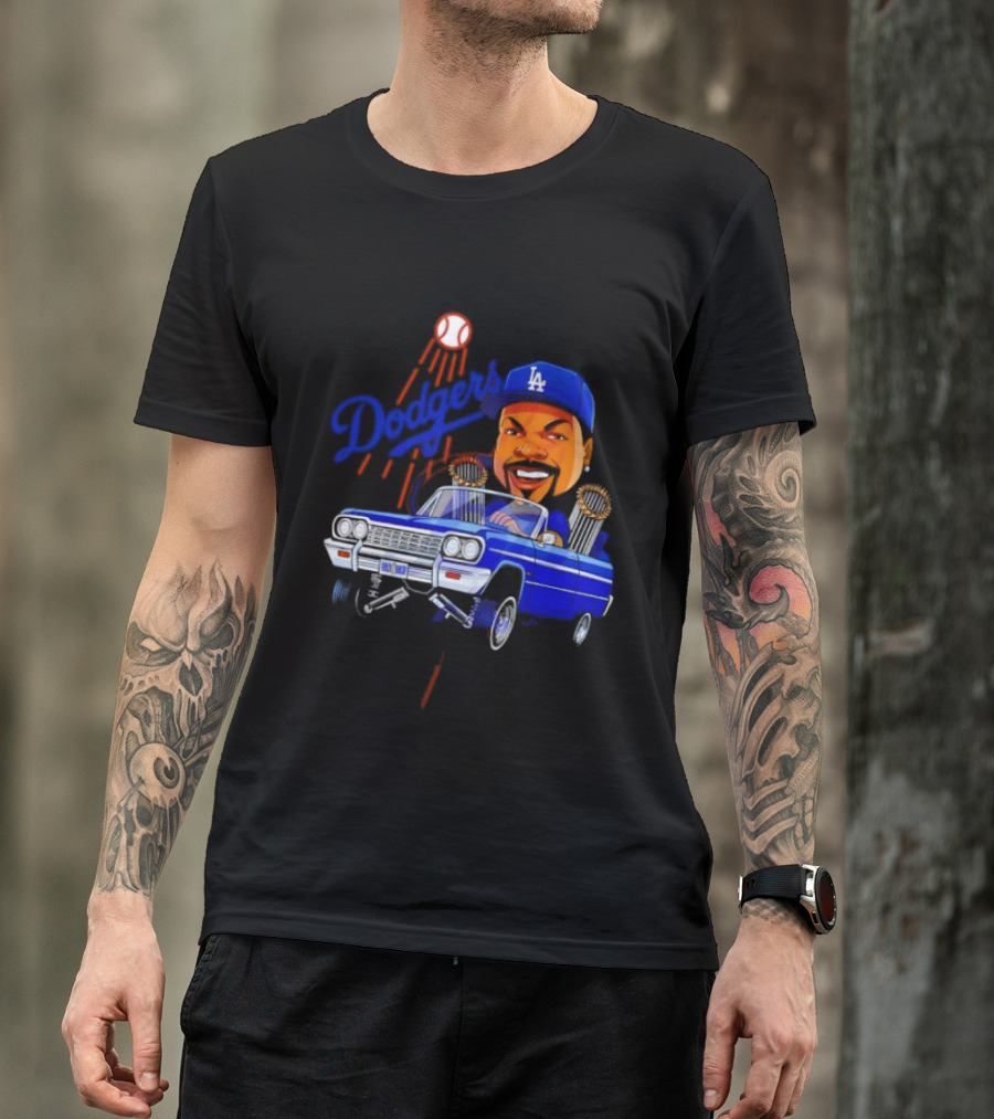 Ice Cube Cartoon Driving Lowrider Los Angeles Dodgers Baseball T-Shirt