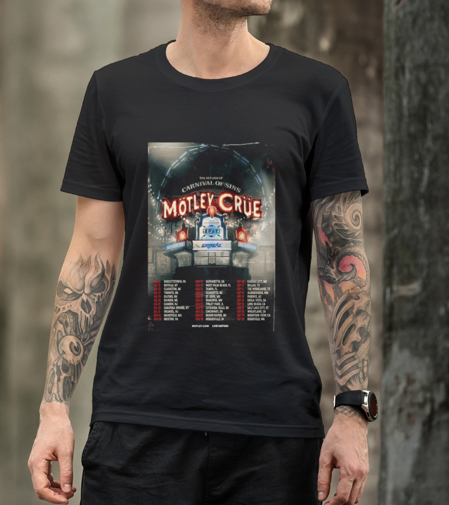 Motley Crue Carnival Of Sins Tour 2026 Featuring Tesla Dates And Locations T-Shirt