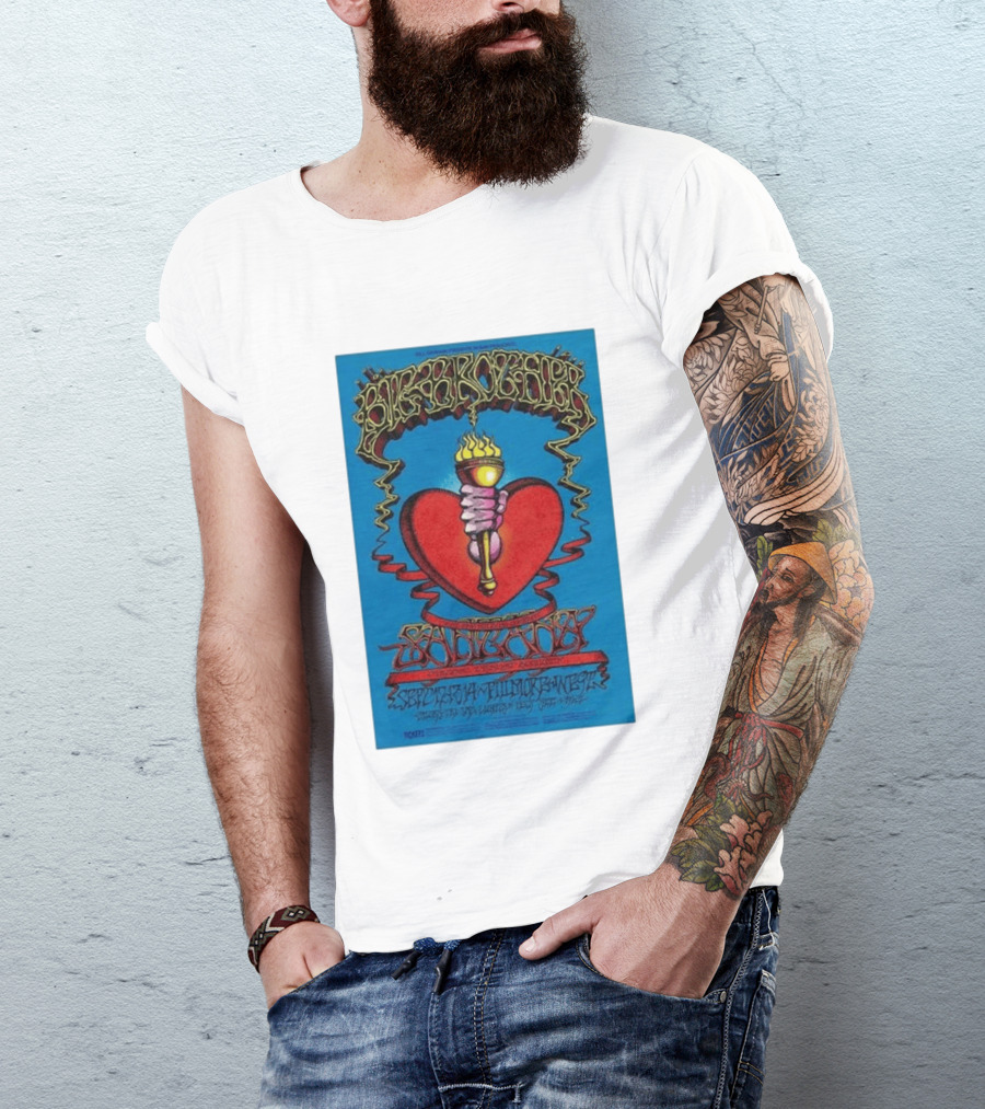 Big Brother The Holding Company Blue Background Red Heart And Torch Iconic Psychedelic T-Shirt