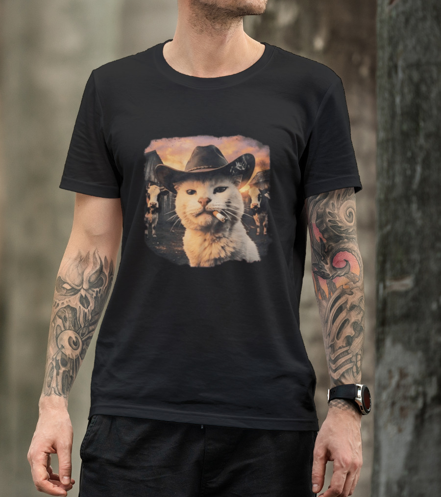 Cowboy Cat Smoking Cigarette In Rustic Barnyard Scene With Cows T-Shirt