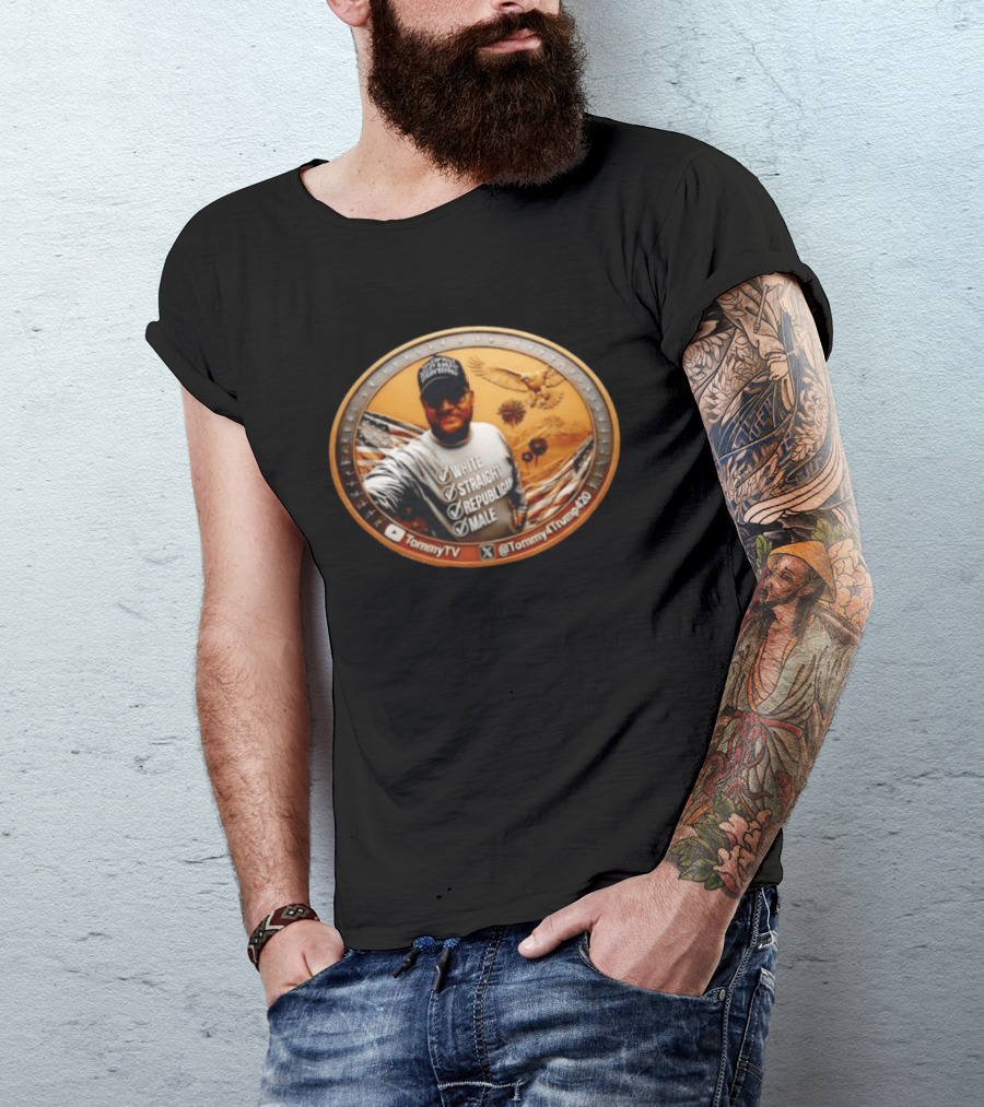 TommyTV Tommy4Trump420 White Straight Republican Male Coin With Eagle And American Flags T-Shirt