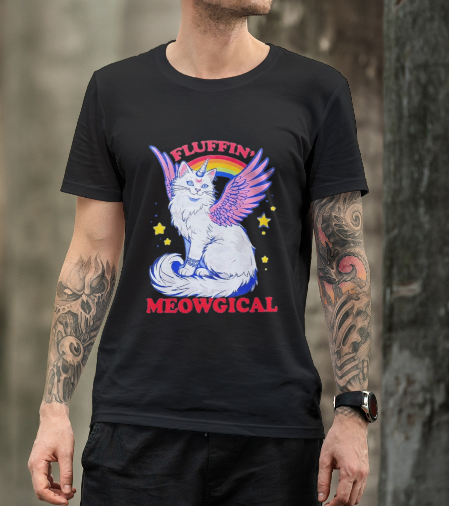 Fluffin' Meowgical Winged Unicorn Cat Rainbow Stars T-Shirt