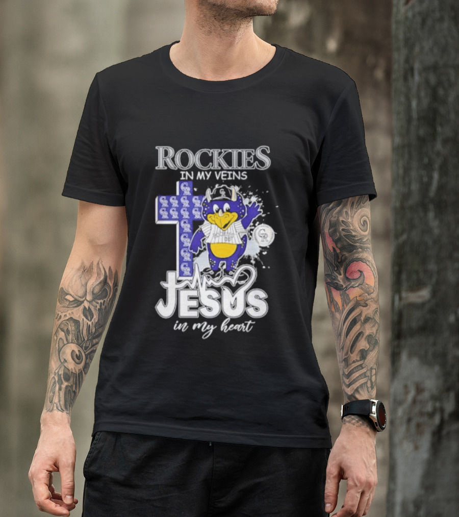 Colorado Rockies Baseball In My Veins Jesus In My Heart Cross Christian Rockies T-Shirt