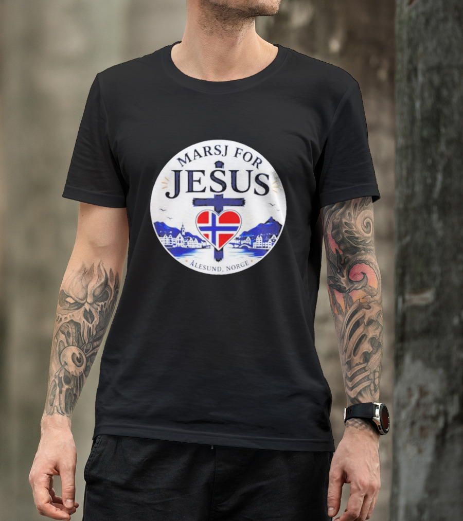 Marsj For Jesus Ålesund Norge Heart And Cross With Norwegian Flag T-Shirt