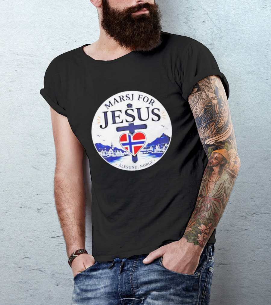 Marsj For Jesus Ålesund Norge Heart And Cross With Norwegian Flag T-Shirt