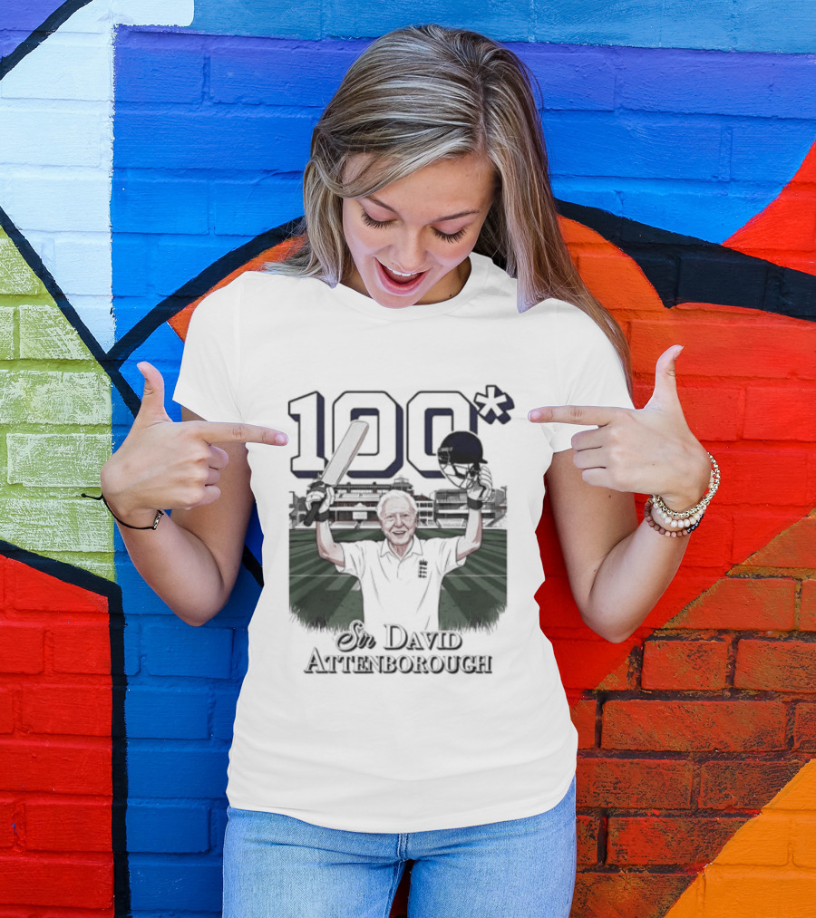 Sir David Attenborough 100 Celebration Cricket Bat And Helmet Raised T-Shirt