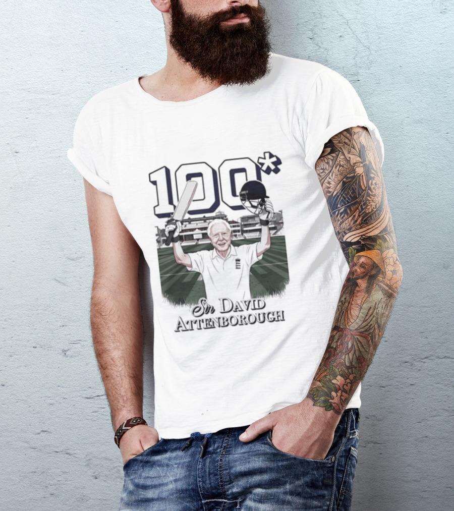 Sir David Attenborough 100 Celebration Cricket Bat And Helmet Raised T-Shirt